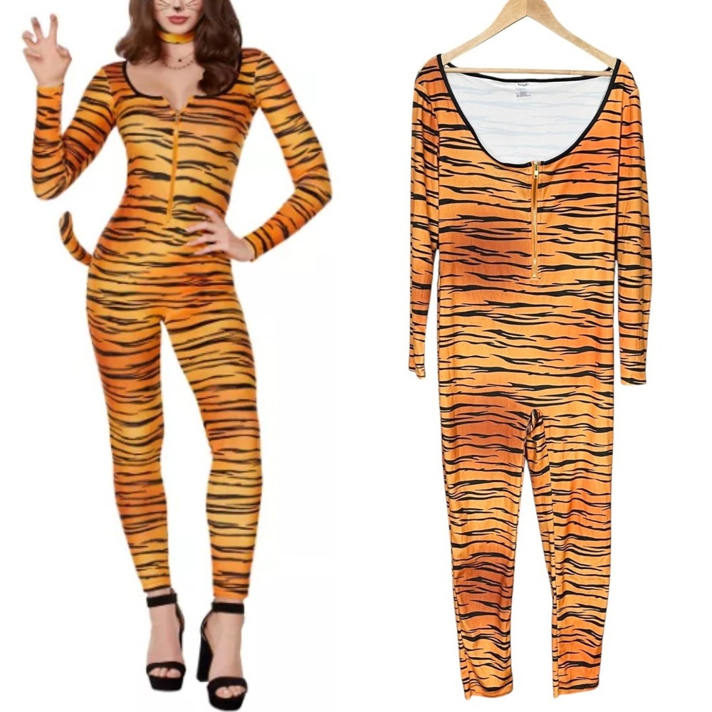 Spirit Catsuit Halloween Costume Tiger Bodysuit ONLY Adult Women Size Large Tail